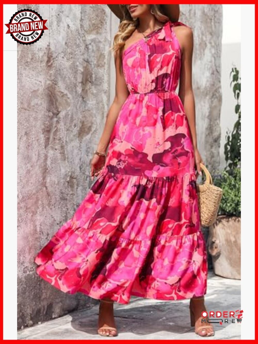 One Shoulder Floral Maxi Dress Ruffled Boho Beach Vacation Guest - Picture 6 of 7